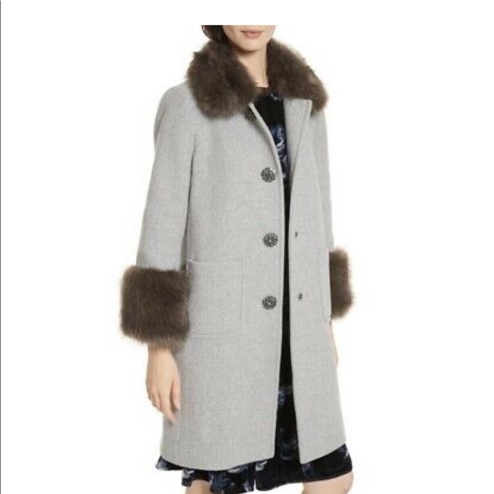 kate spade Light Gray Coat with Brown Fur Collar & Cuffs